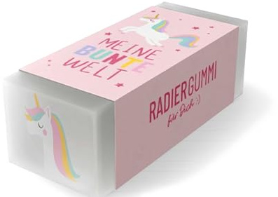 Einhorn Radiergummi mit Bunter Welt Design, Rosa Box mit Regenbogen-Einhorn Motiv