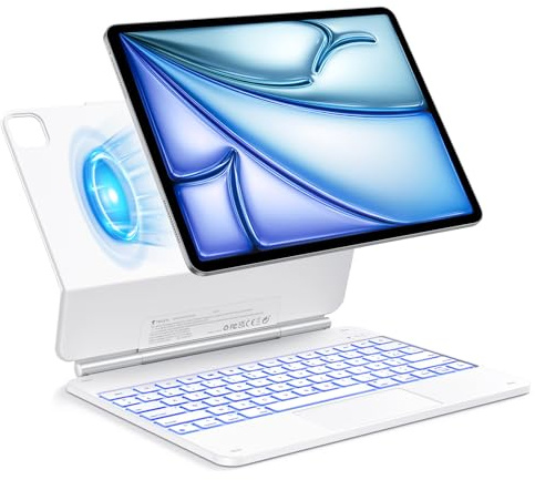 TECURS Magic Keyboard para iPad Air de 13 (M3/M2, 2025/2024), funda teclado para iPad Pro 12.9 (6/5/4/3 Gen), QWERTZ, diseño de soporte flotante, blanco (teclado francés AZERTY)