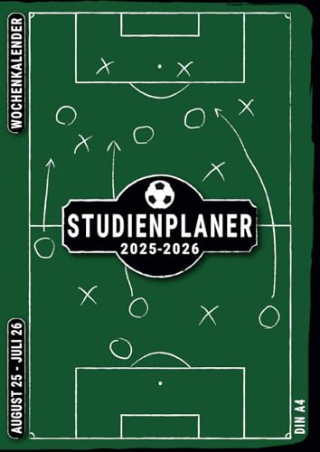 A4 Studienplaner 2025/2026: Hausaufgabenheft Gymnasium Hauptschule Realschule mit Datum , August bis Juli 1 Woche 2 Seiten , Männer Fußball Grün