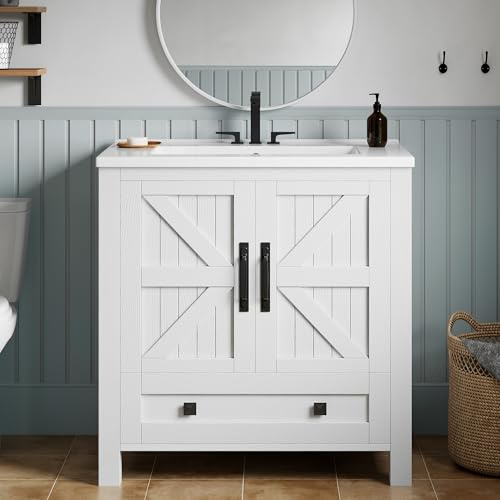 YITAHOME 30 Inch Farmhouse Bathroom Vanity with Sink, Small Space Bathroom Storage Cabinet with Large Drawer, 2 Wood Barn Doors with Built-in Door Racks
