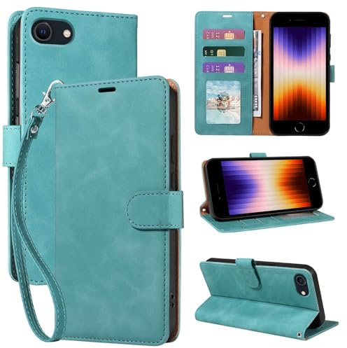 GOTOURED RFID Wallet Case for iPhone 6/6S/7/8/SE 2020/SE 2022 4.7, Green | RFID Blocking 3 Card Slots, Cash Pocket, Wrist Strap, PU Leather Flip Cover, Kickstand, Magnetic Closure, TPU Protective