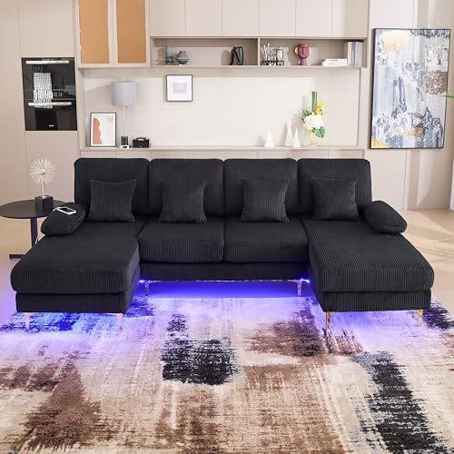 Canapé en Forme de U avec d'ambiance LED et Port USB C, Canapé 4 Places avec Fonction Couchage, Fauteuil rembourré avec 4 Coussins Luxueux, en Bois Massif Velours Noir