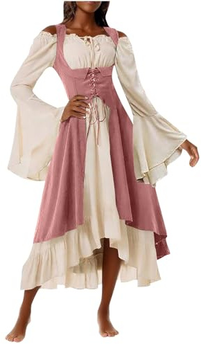 Vestito Medievale Donna, Abito Sottoveste + Abito Esterna 2 Pezzi, Abiti Gotico Donna Rinascimentale Abbigliamento Steampunk Vestito con Volant Vestiti con Maniche a Tromba per Costume Halloween
