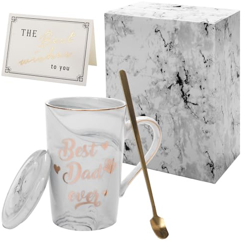 SERTAS Best Dad Ever Mug,Birthday Gifts for Dad,14oz Grey Ceramic Coffee Cup with Gold Print,Lid,Spoon & Card,Gift Boxed