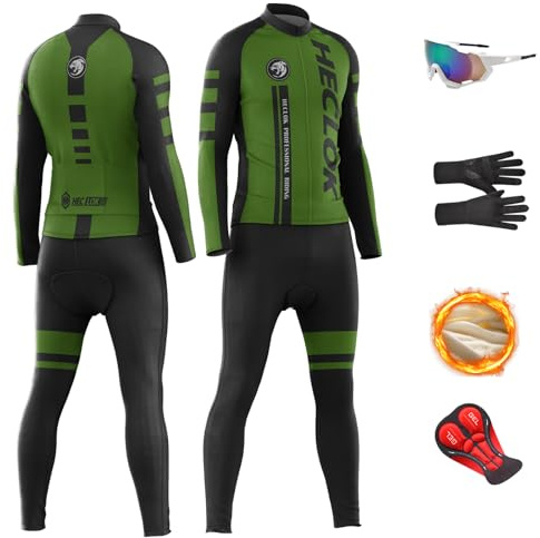 HECLOK Abbigliamento Ciclismo Invernale Uomo - Completo Antivento con Maglia in Pile Termico e Salopette con Gel | Per Strada e MTB, Pacchetto Completo per il Freddo