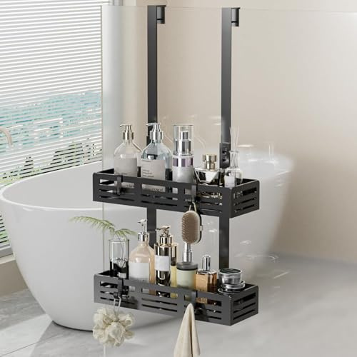 Hawsam Duschablage zum Hängen, Duschregal Ohne Bohren mit 2 Duschkörben und 4 Haken für die Aufbewahrung von Shampoo und Duschgel im Badezimmer, Schwarz
