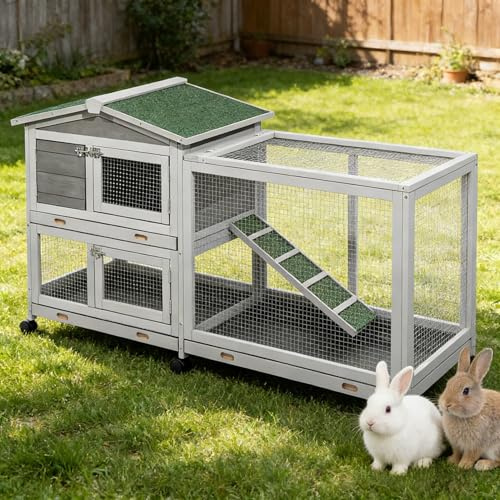 AECOJOY 2 Story Rabbit Hutch Outdoor, 62'' Bunny Cage Indoor with Cleaning Tray & Waterproof Roof for Small and Medium Bunny Rabbit Duck Chick Guinea Pig, 6 Wheels, Easy to Assemble