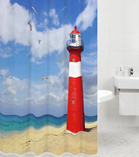 Sanilo Duschvorhang Leuchtturm 180 x 200 cm, hochwertige Qualität, 100% Polyester, wasserdicht, Anti-Schimmel-Effekt, inkl. 12 Duschvorhangringe