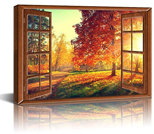 LevvArts Canvas Prints Wall Art,View from Vintage Window of Autumn Scene,Fall Forest Trees in Sun Light Painting Modern Wall Decor,Framed Ready to Hang,-24 x 36