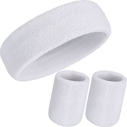 WILLBOND Lot de 3 Bandeaux de Sudation, Comprend Un Bandeau de Sport et des Bracelets rayés en Coton pour Homme et Femme (Blanc)
