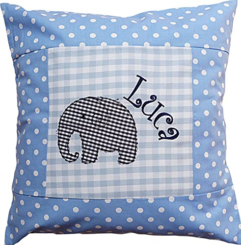 besticktes Kissen ELEFANT + NAME //hellblau// 40x40 Kissenbezug Geschenk Schmusekissen Kuschelkissen Namenskissen