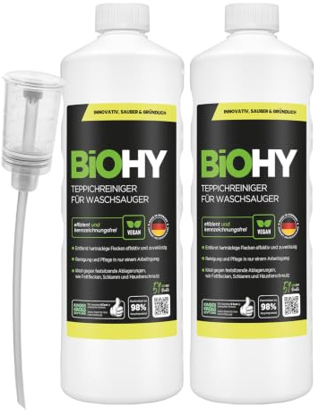 BiOHY Teppichreiniger für Waschsauger (2 x 1 liter) + Dosierer | geeignet für alle Waschsauger | entfernt Flecken und Schmutz mühelos | Reinigung und Pflege in nur einem Arbeitsgang