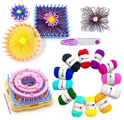 Knewmart Flower Loom Kit, Loomgerät 8pcs Flower Maker Wolle Stricken Ball Maker Webwerkzeuge Stricken Craft Weaver Webstuhl - mit Nadel (Strickrahmen + Garn + Schere)