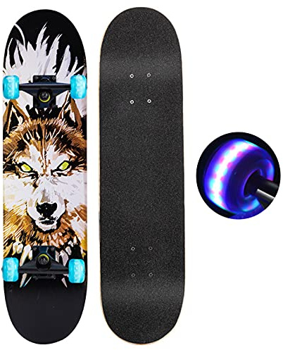HSGAV 31 Komplette Skateboards für Anfänger, Double Kick Concave Skateboards mit PU-Blinkrad, 7 Layer Maple Wooden Skateboard für Mädchen Jungen Kinder Teen Erwachsene,Wolf