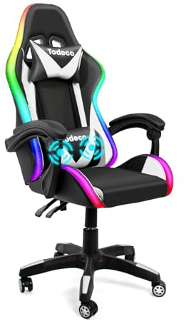 Todeco Gaming Stuhl RGB mit Massage, Ergonomischer Gaming Sessel, Weiß | 350+ RGB-Lichtmodi, Massage-Lordosenkissen, 90°–145° Rückenlehne, höhenverstellbar, abnehmbare Kopfstütze