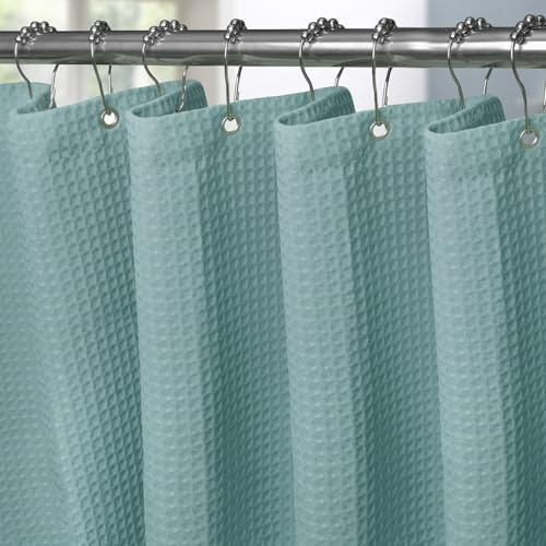 VANZAVANZU Schmaler Waffel Duschvorhang 92 x 182 cm mit Metall Duschvorhangringe Schwerer Stoff Textil Badewannenvorhang Anti Schimmel Bad Vorhang Wasserdicht Badezimmer Vorhang - Türkis