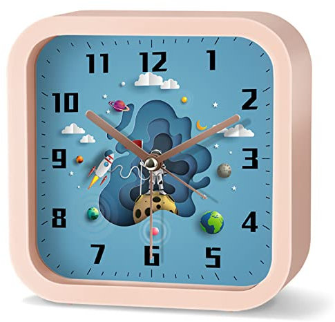 EXQULEG Kinder Wecker Weltraum Astronauten, Kinderwecker Ohne Ticken, Analoger Wecker Reisewecker für Junge Mädchen und Schüler (F,Quadrat)