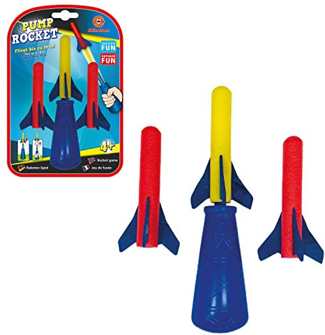 Günther Flugspiele 1557 - Raketenspiel Pump Rocket, ca. 15 x 8 cm, Wurfspiel mit 3 Schaumstoff-Raketen und Abschusspistole, Raketen Spielzeug für Kinder ab 4 Jahren, bis zu 10 m Reichweite