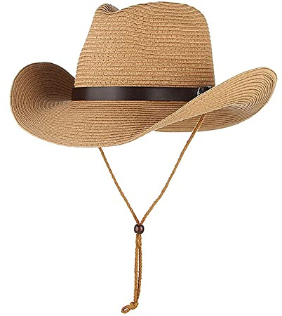 Natural Straw Cowboy Hat, Western Cowboy Cowgirl Floppy Sun Hats with Wide Brim, Vintage Style Unisex Fedora Panama Hat Beach Cap for Men Women (Khaki)