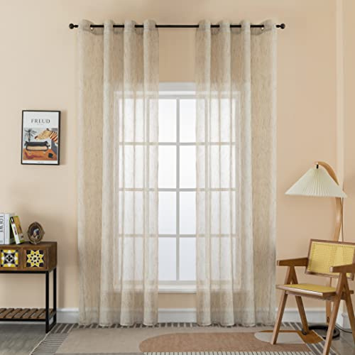 GIRASOLE HOME Coppia Tende Filtranti Semi Trasparenti Simil Lino Effetto Rattoppato Tenda con Occhielli per Interni 2 Pannelli 140x275cm (Marroncino)