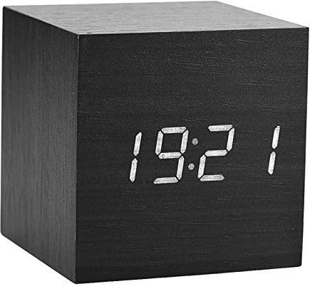 SALALIS Digitale LED-Uhr, Digitaler Holzwecker, Digitaler Wecker Tischuhr mit Sprachsteuerungsfunktion für Schlafzimmerdekoration, Holzwecker Am Bett (6x6x6cm)(Schwarzes Holz + weißes Licht)