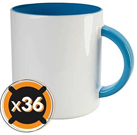 PixColor - 36 Tazas de sublimación de cerámica blanca con interior de color azul claro | 350 ml de capacidad (11 oz) | Categoría AAA | Aptas para microondas y lavavajillas | Compatibles con Cricut