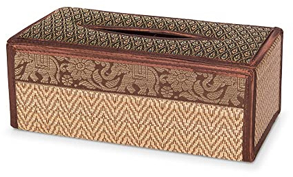 Kitama Kosmetiktücherbox Braun/Gold Taschentuchbox Bast Elefantenmuster | Hand-Made in Thailand: Tuchspender für Papiertücher & Tissues. Handgewebte Tissuebox als Asien-Dekoration für Spa & Hotel