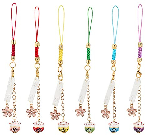 OLYCRAFT 6 Stück Glückskatze Schlüsselanhänger Anhänger Japanische Katze Schlüsselanhänger Mit Kirschblüten Glocke Dekoration Maneki Neko Handyband Für Hanbag Rucksack Telefon Dekor Geschenke