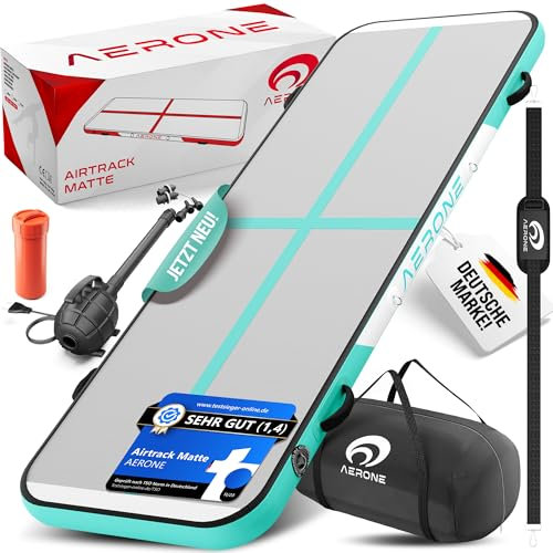 AERONE Airtrack Turnmatte Aufblasbar | Air Tracking Matte 3m [Zubehör Schultergurt Tragetasche Luftpumpe] Air Track für Turnen Gymnastik Zuhause Outdoor Pool | Mint