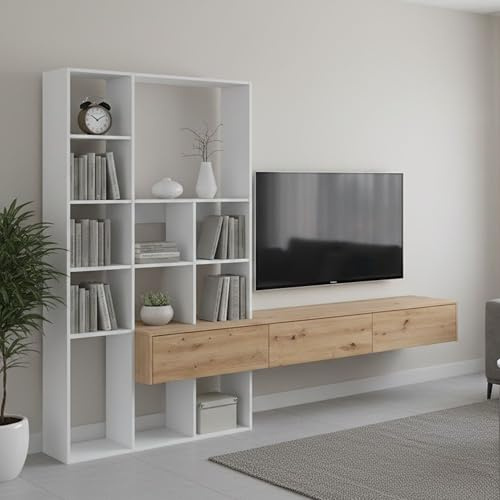 Dmora - Wohnwand Wausau, Wohnzimmer-Set mit 3 Schubladen, Mehrzweck-Wohnzimmer-Bücherregal, 226 x 28 x 173 cm, Weiß und Nodi-Eiche