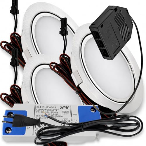 Rolux 3er Set LED Möbeleinbauleuchte Emma 12V 3W Warmweiß 3000K | Ultra flach Ø55mm Einbaustrahler | 180lm | inkl. LED Trafo & 230V Zuleitung | Für Möbel, Schrank, Küche | Einfache Montage, IP20