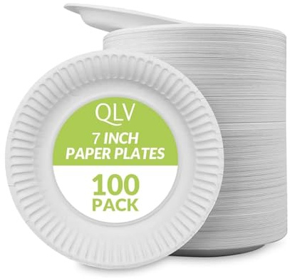 QLV White Paper Plates 100 Pack - 7 inch Disposable Plates for Parties, Christmas, Birthdays, BBQs, and Gatherings - Heavy Duty, Biodegradable & Compostable Party Plates for Hot & Cold Food