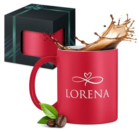 Maverton Keramikbecher 330ml mit Gravur - Kaffeetasse mit funktionellem Henkel - personalisierter Kaffeebecher für Frauen zum Geburtstag - Becher zu Weihnachten - matt rot/innen weiß - Vorname