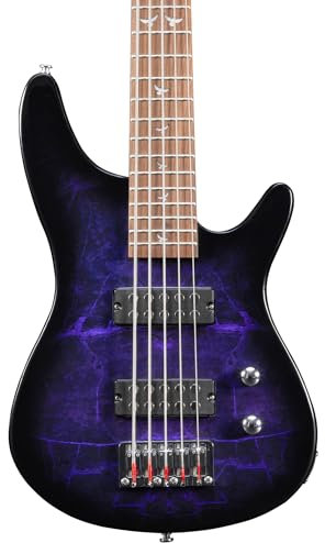 Lindo PDB-5 V2 E-Bassgitarre mit 5 Saiten, Taubeneinlagen, einzigartiges Grafikkunst-Finish, Hochglanz, Violett