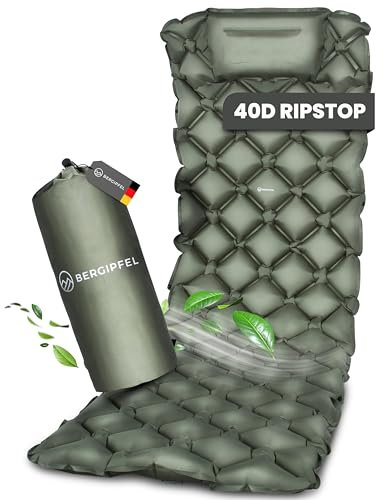 BERGIPFEL aufblasbare Isomatte 7,5 cm – Ultraleicht, kleines Packmaß, mit integrierter Fußpumpe – grüne Campingmatte, ideal für Outdoor, Survival & Trekking