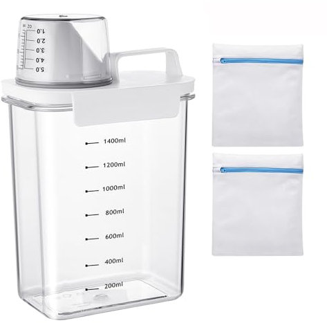 HJJMN 1800ML Waschmittel Aufbewahrung, Mehrzweck Waschpulver Spender, Wiederverwendbar Klare, Waschmittelbox für WeichspüLer Mit 1 Messbecher und 2 Wäschesiebbeuteln, Waschpulver Behälter Luftdicht