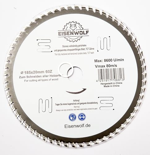 Eisenwolf 185x20 mm Lama resistente e durevole, lama circolare per legno con 60 denti TCT inclinati e tagli laser per la riduzione del rumore