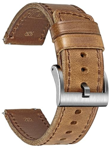 Horween Klockarmband i läder för män, mjukt läder, med snabbkoppling, vintagestil, ersättningsarmband, passar 18, 20 och 22 mm, 22MM, Nej
