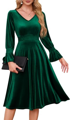 Meetjen Women's 2025 Long Sleeve V Neck Velvet Dress Tea Length Flowy Wedding Guest Evening Party Dresses Dark Green M