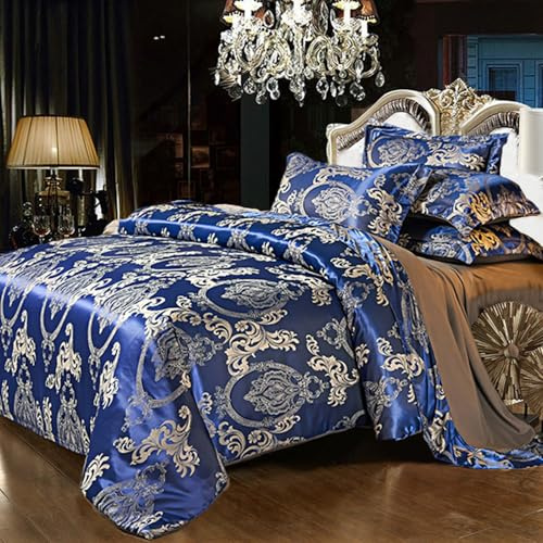 Gezu Bettwäsche Satin 200x220cm Blau Bettbezug Jacquard Stickerei Blumenmuster Seiden Grau Wendebettwäsche Set 3teilig Luxuriös Modern Bettbezug 200x220cm mit Reißverschluss und 2 Kopfkissenbezug