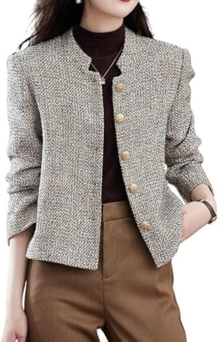 Suncadmious Giacca da Donna in Tweed Abbottonato Doppio Petto Risvolto Ufficio Business Giacca da Abito Casual Sottile Risvolto Notch Giacca da Abito Casual (Kaki,L)