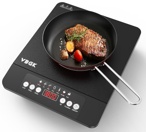 VBGK Piano cottura a induzione, 1 piastra, 1800 W, piano cottura portatile a induzione, 220 V, con LCD Touch, 8 livelli di temperatura, sicurezza bambini, timer 4 ore