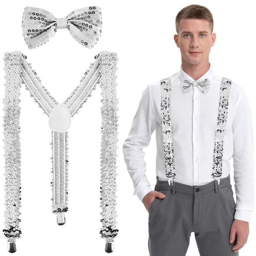 LQTSLFM Bretelles Paillettes Set - 2 Pièces Bretelles à Paillettes Avec Nœud Papillon, Clip en Y - Costume Pour Hommes Et Femmes - Nouvel An, Carnaval, Performance, argenté, L