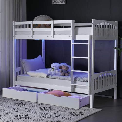 VINGLI Bunk Bed Twin Over Twin with 2 Storage Drawers/RGB LED/Charging Station, Solid Wood Bunk Bed Frame with 15 inches High Safety Guardrail and Ladders for Kids, White