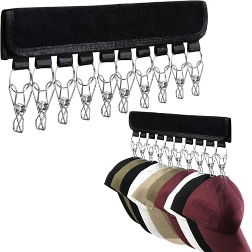Fenglin-joy Cintre Rangement Casquette,1 Pièces Organisateur de Chapeau pour Placard Cintres Pliables pour Chapeaux pour Aux Chapeaux, Echarpes, 10 Clips (Noir)