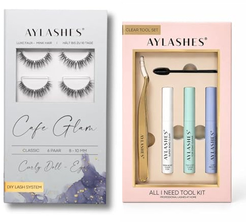 AYLASHES - DIY Wimpernextensions Starter Set CAFE GLAM | 6 Paar Wimpern, Applikator, Wimpernkleber, Top Coat Sealer transparent, Lash Remover | Wimpern DIY Set für zu Hause | bis zu 7 Tage Halt
