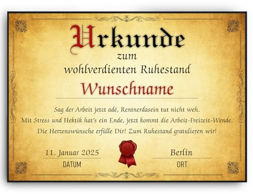 Tigerlino® Ruhestand Urkunde personalisiert Rentner Abschiedsgeschenk Kollegen personalisierte Geschenkidee zur Rente Urkunde Ruhestand Scherzartikel