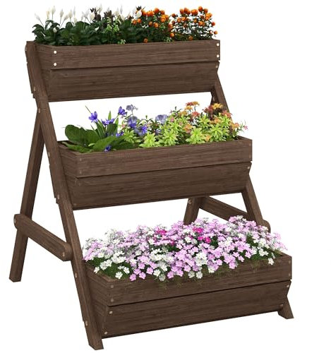 Outsunny 3 Tier 66L Raised Garden Bed Wooden Elevated Planter Box Kit for Flower, Vegetable, Herb, 65 x 75 x 76cm, Tan
