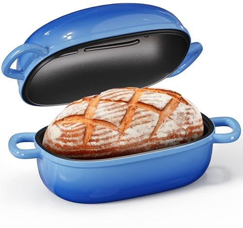 Cast Iron Dutch Bread Oven - 2.5QT Dutch Oven for Sourdough Bread Baking, Cast Iron Bread Loaf Pan with Lid, Easy Homemade Sourdough Dutch Oven, Blue Oval Bread Baking Pan, Gift for Family & Baker