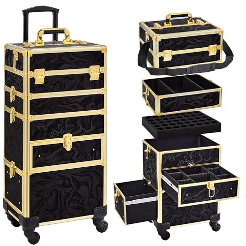 Somduy Rolling Makeup Case with Drawer, Makeup Train Case, 4 in 1Cosmetology Case on Wheels, Christmas Gift, Large Makeup Organizers, Profesional Cosmetic Case for Salon Barber, Pattern Black Gold